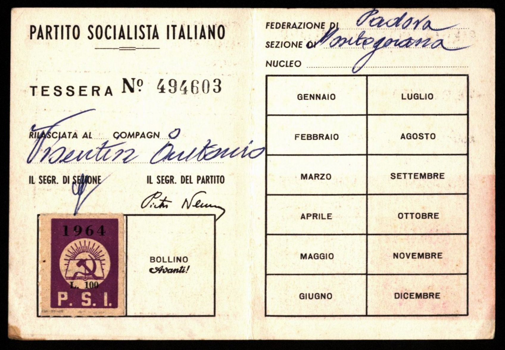 Tessera del Partito Socialista di Toni Bio (fonte: Famiglia Visentin)