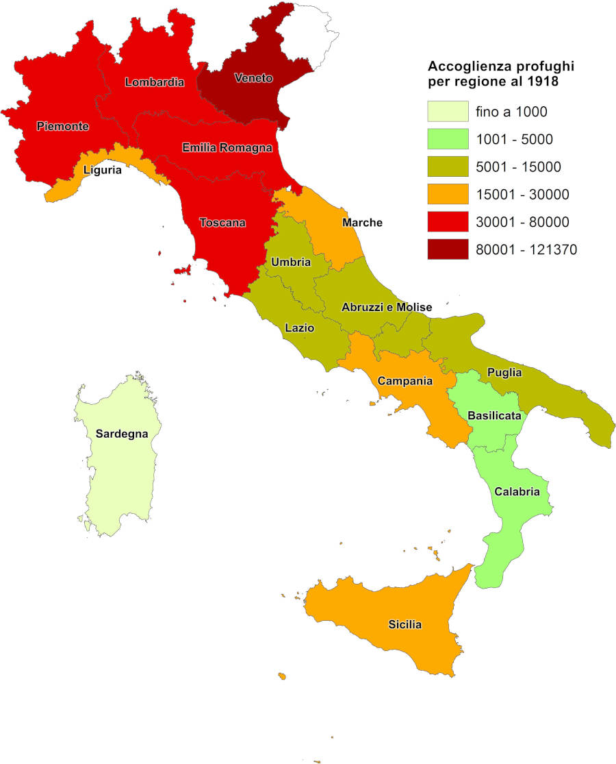 Distribuzione dei profughi per regione di accoglienza