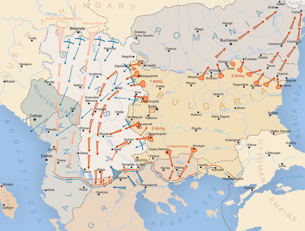 Fronte Macedone durante la Campagna balcanica. In blu le forze dell’Intesa, in arancio quelle degli Imperi centrali più la Bulgaria