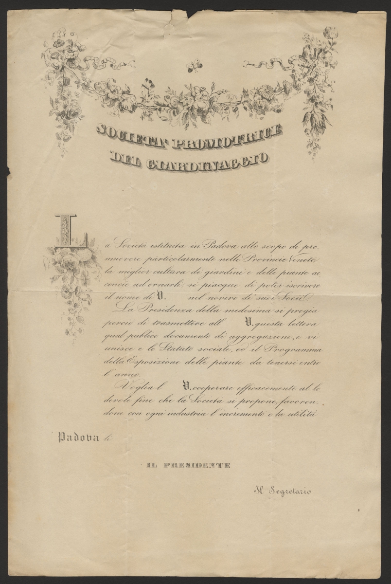 Documento associativo della Società Promotrice del Giardinaggio, organizzatrice delle Esposizioni delle piante e dei fiori