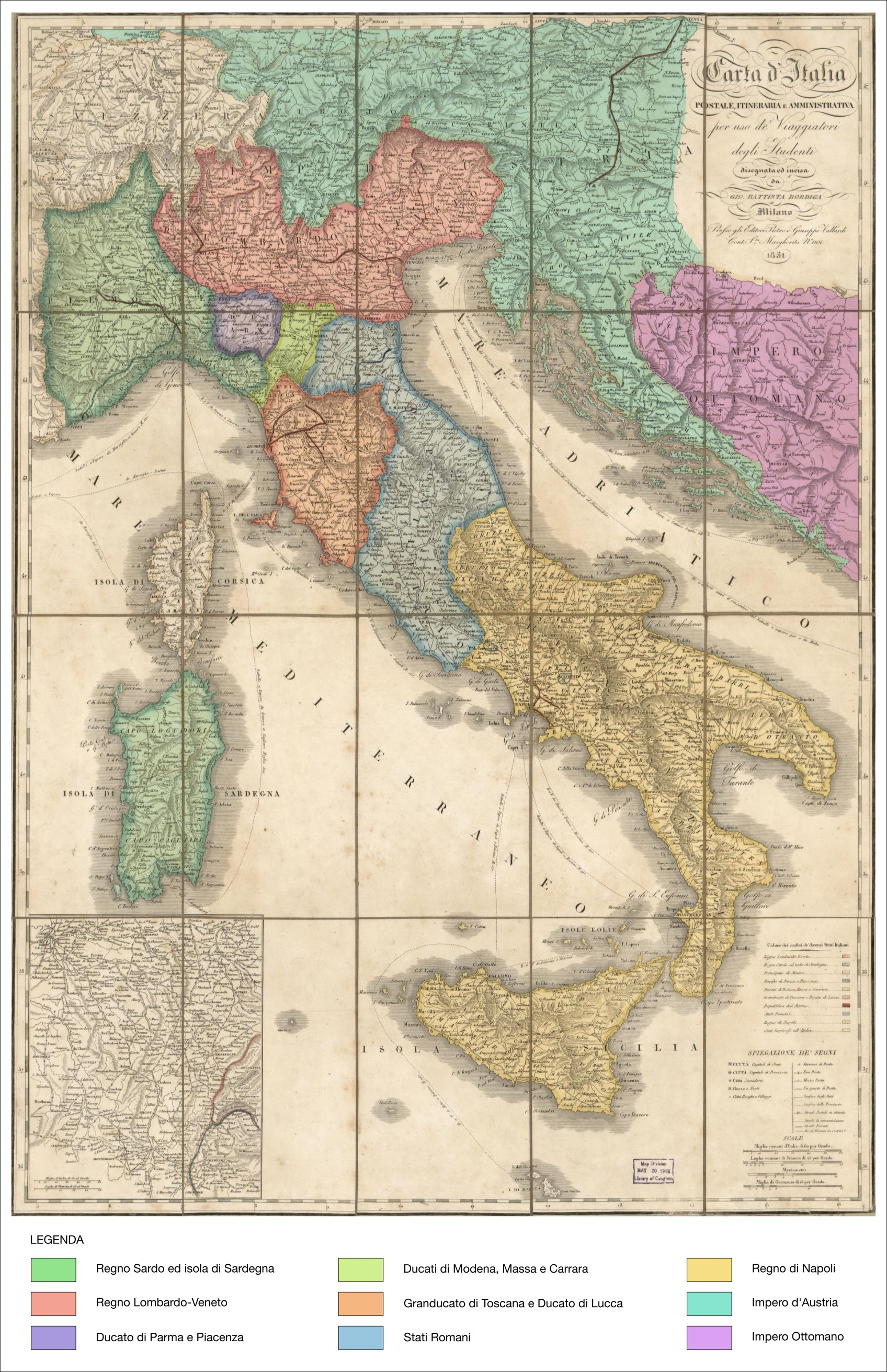 Carta d'Italia postale, itineraria e amministrativa per uso de' viaggiatori e degli studenti - 1851