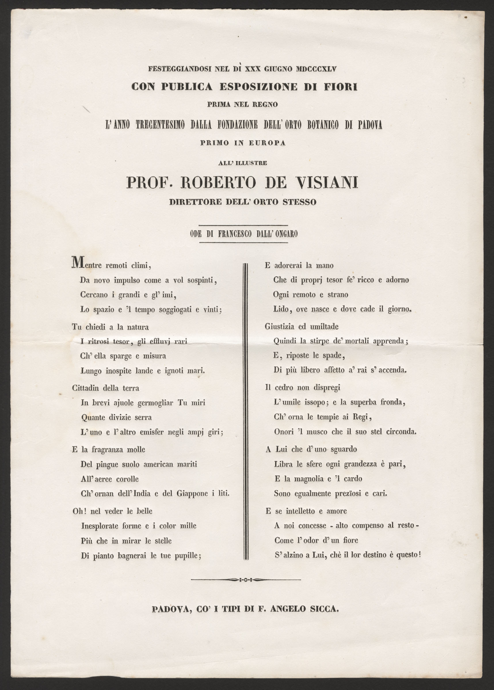 Ode di Francesco dall'Ongano a De Visiani in occasione della Festa dei Fiori