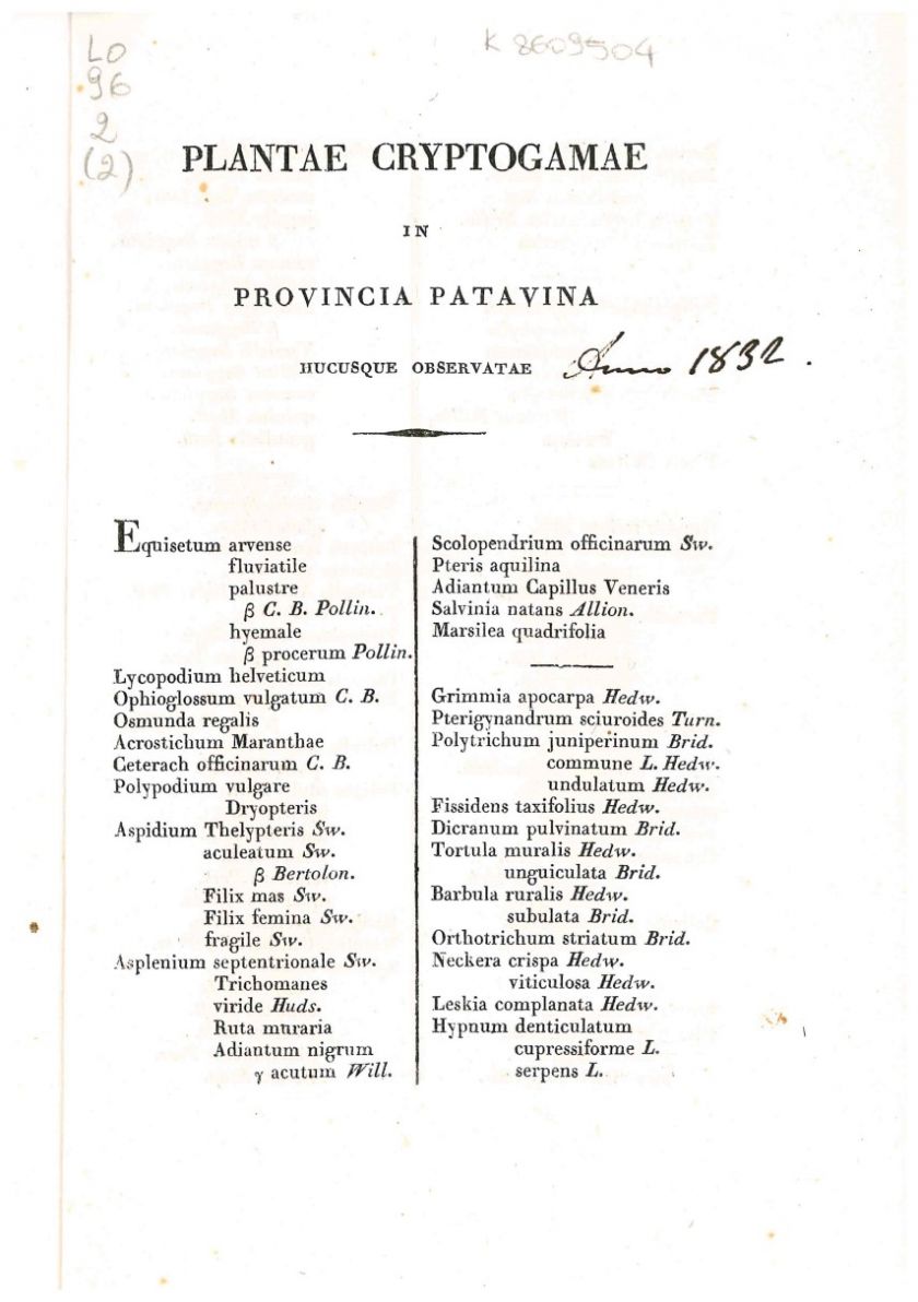 Frontespizio da: De Zigno, A. (1833). Plantae cryptogamae in provincia Patavina hucusque observatae. Per gentile concessione della Biblioteca Civica di Rovereto.