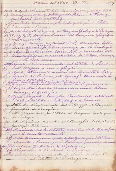 Indice dalle Memorie di Achille De Zigno, vol. III, p.427: "Nomine del 1880 - 81 - 82". Biblioteca di Geoscienze dell'Università di Padova.