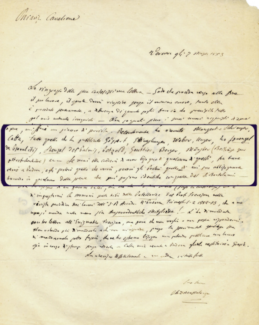 lettera a De Zigno di Abramo Massalongo del 7 marzo 1853. Biblioteca di Geoscienze dell’Università di Padova.