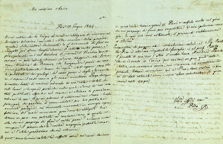 Lettera del 19 giugno 1844 di Leopoldo Pilla ad Achille De Zigno. Biblioteca di Geoscienze dell'Università di Padova.