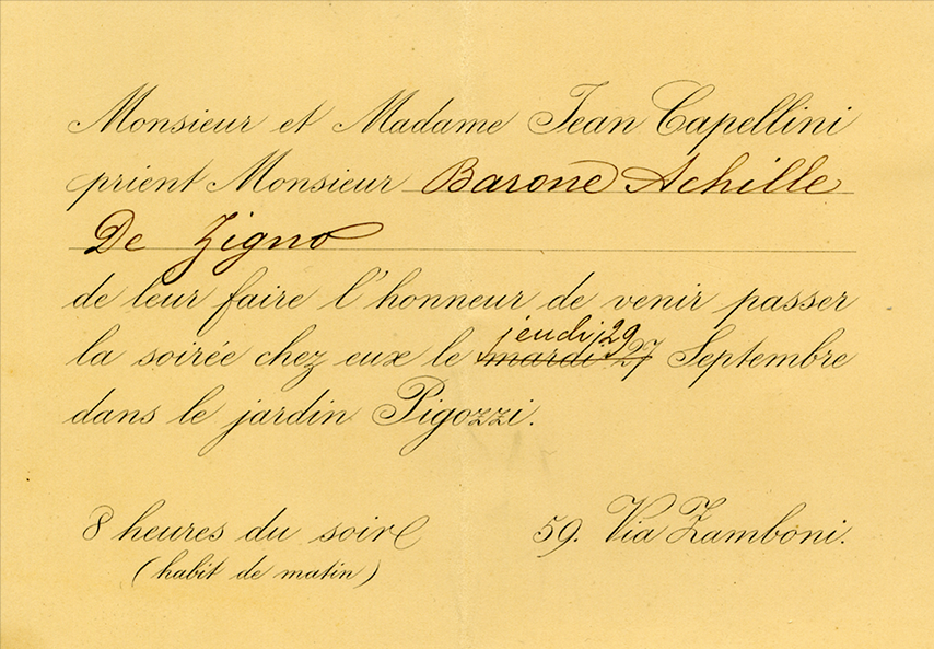 Achille De Zigno's invitation to a soirée given by Capellini on September 29th, 1881. Biblioteca di Geoscienze dell'Università di Padova.