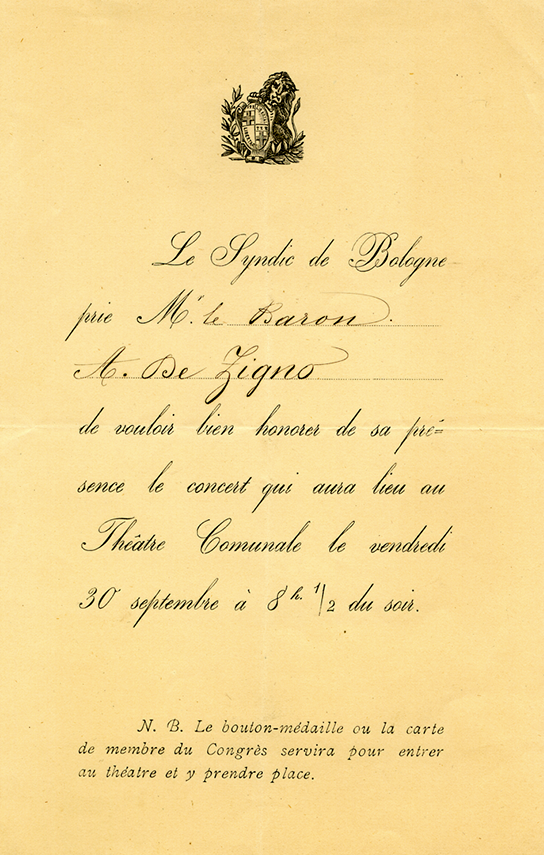 Achille De Zigno's invitation to the concert on September 30th 1881. Biblioteca di Geoscienze dell'Università di Padova.