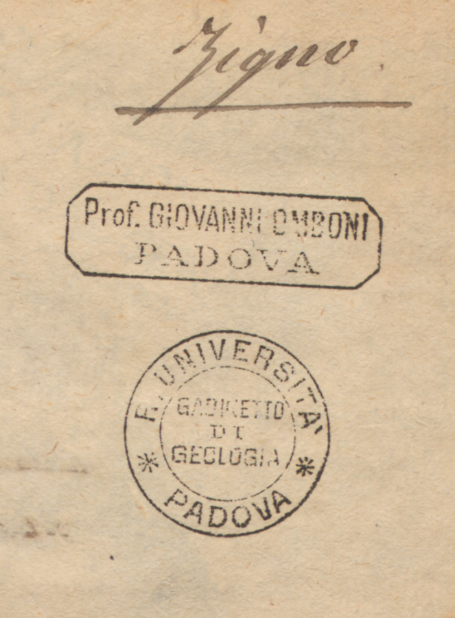 nota di possesso di Achille De Zigno e timbro di Giovanni Omboni e del Gabinetto di Geologia dell'Università di Padova