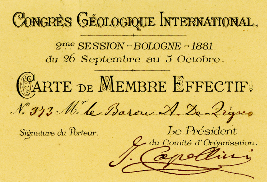 Achille De Zigno's membership card for the 2nd International Geological Congress (Bologna 1881). Biblioteca di Geoscienze dell'Università di Padova.