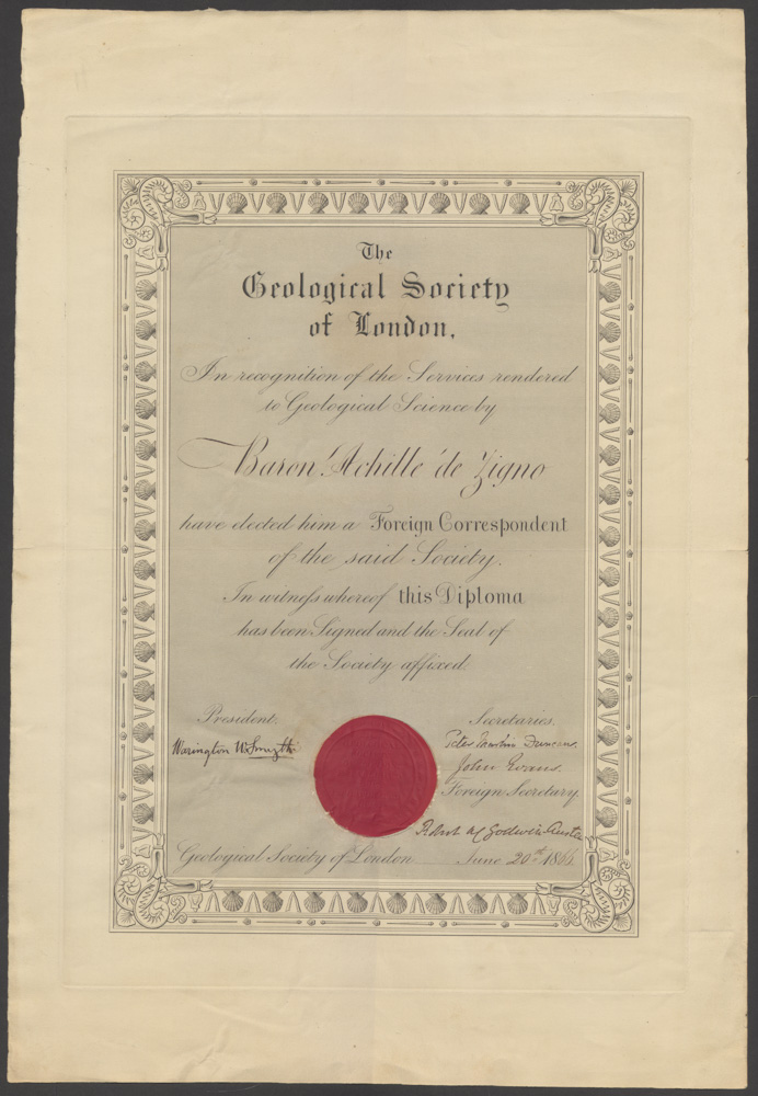 Achille De Zigno's diploma of admission to the Geological Society of London. Biblioteca di Geoscienze dell'Università di Padova.