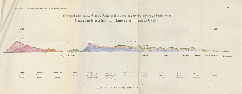Tavola colorata a mano da: De Zigno, A. (1850). Uebersicht der geschichteten Gebirge der Venetianischen Alpen. Jahrbuch der Kaiserlich-Koniglichen Geologischen Reichsanstalt, 1(2), [181]-196. Biblioteca di Geoscienze dell'Università di Padova.