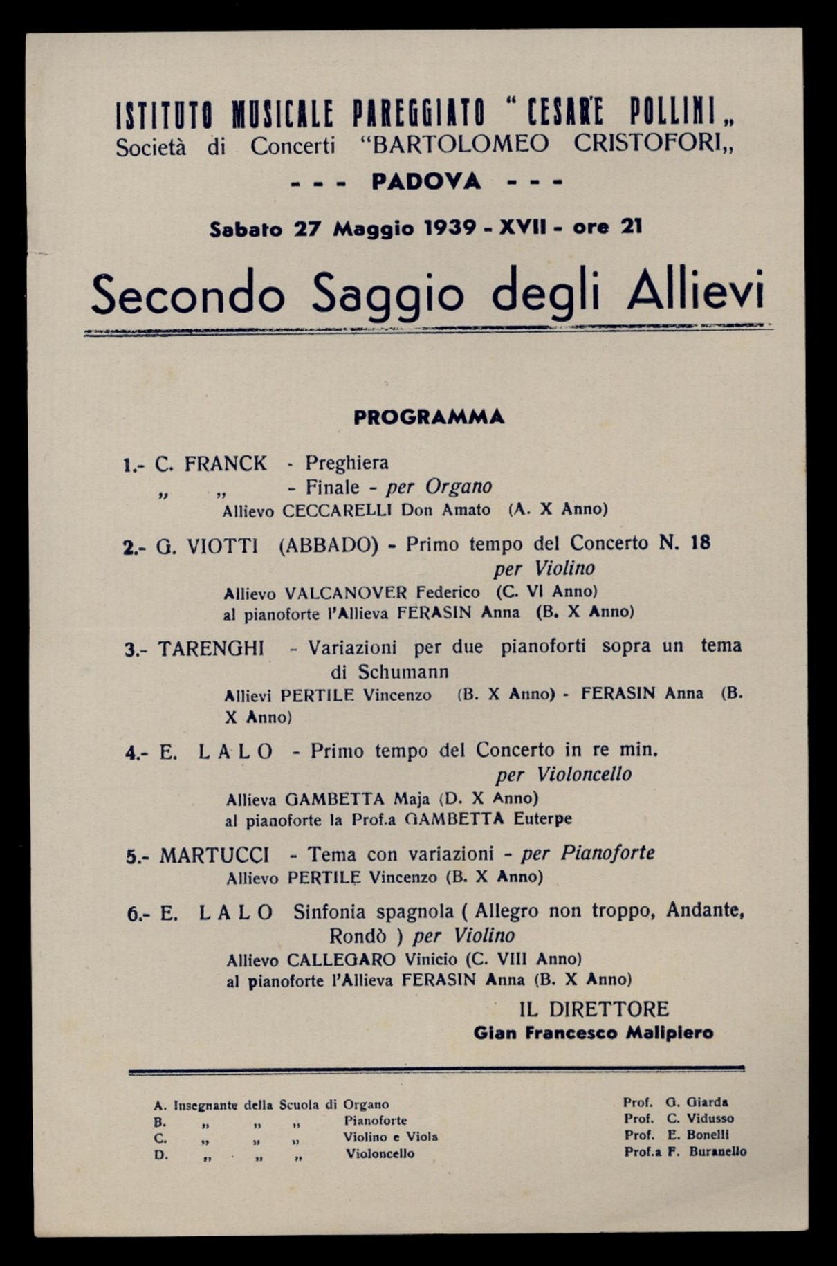 Programma del Secondo Saggio degli Allievi del 27 maggio 1939, direttore Malipiero, FC