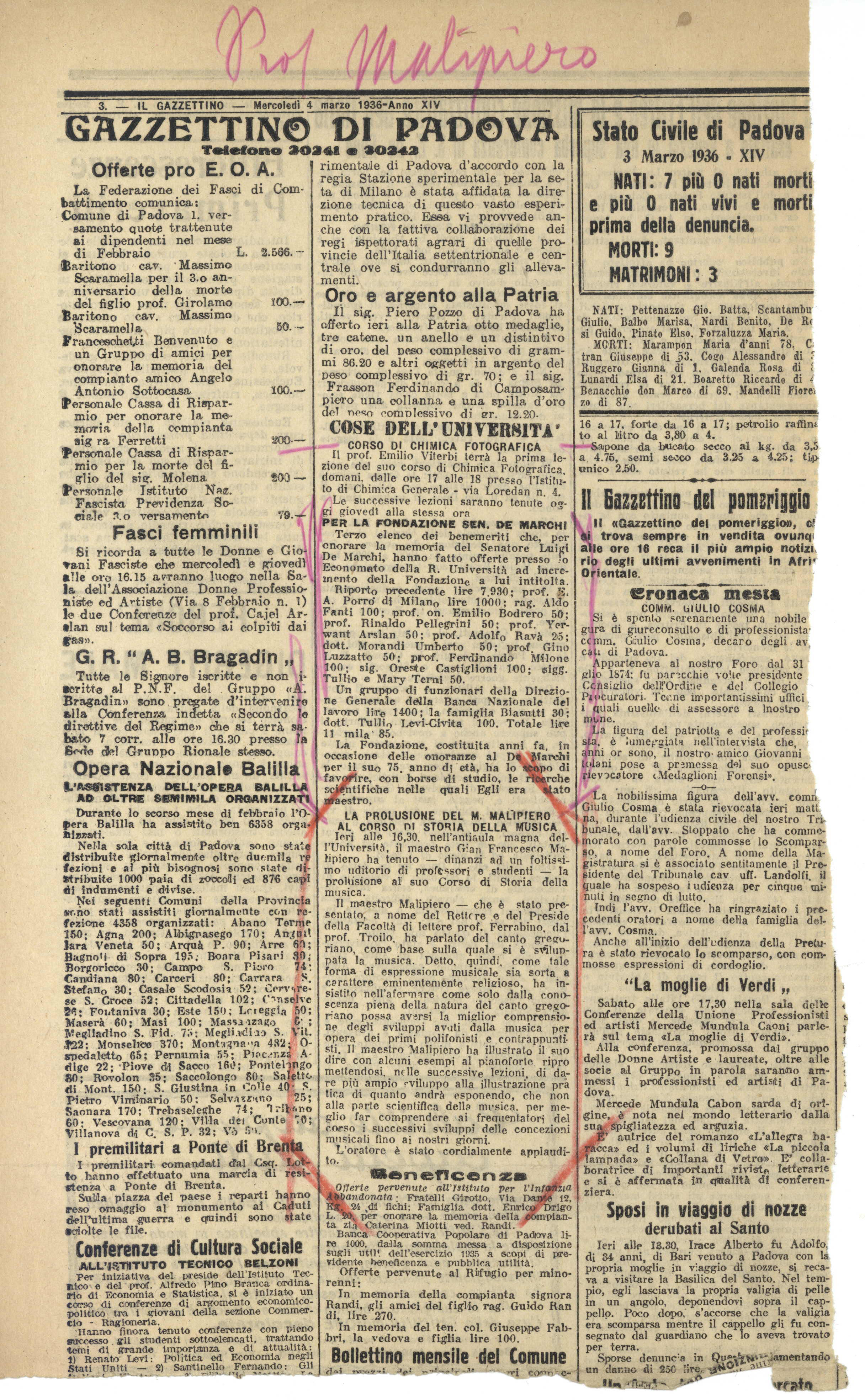 Estratto da Il Gazzettino di Padova, 4 marzo 1936, AGAPd