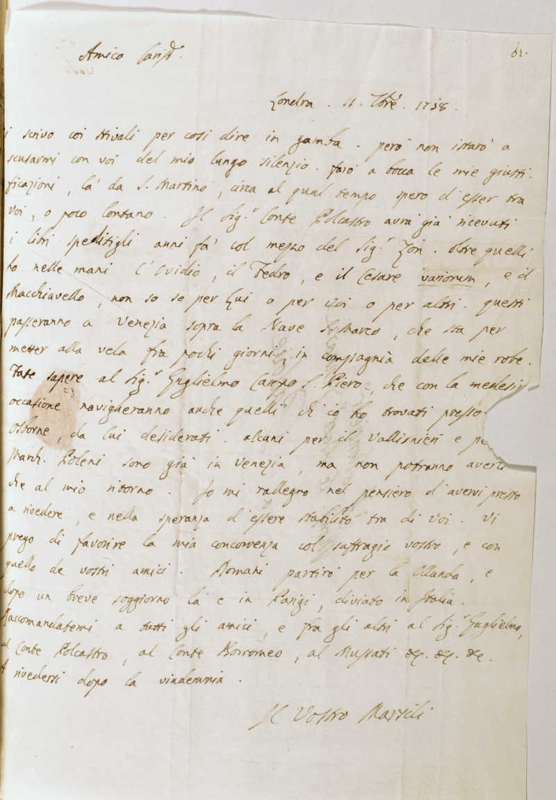The letter of Giovanni Marsili from London dated 11 September 1758 (courtesy of the Biblioteca Antica del Seminario Vescovile di Padova)