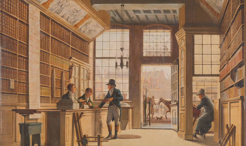 The shop of bookseller Pieter Meijer Warnars on Vijgendam Amsterdam, Johannes Jelgerhuis, 1820 (detail)