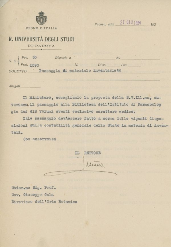 autorizzazione del Rettore al trasferimento dei libri, 21 giugno 1924