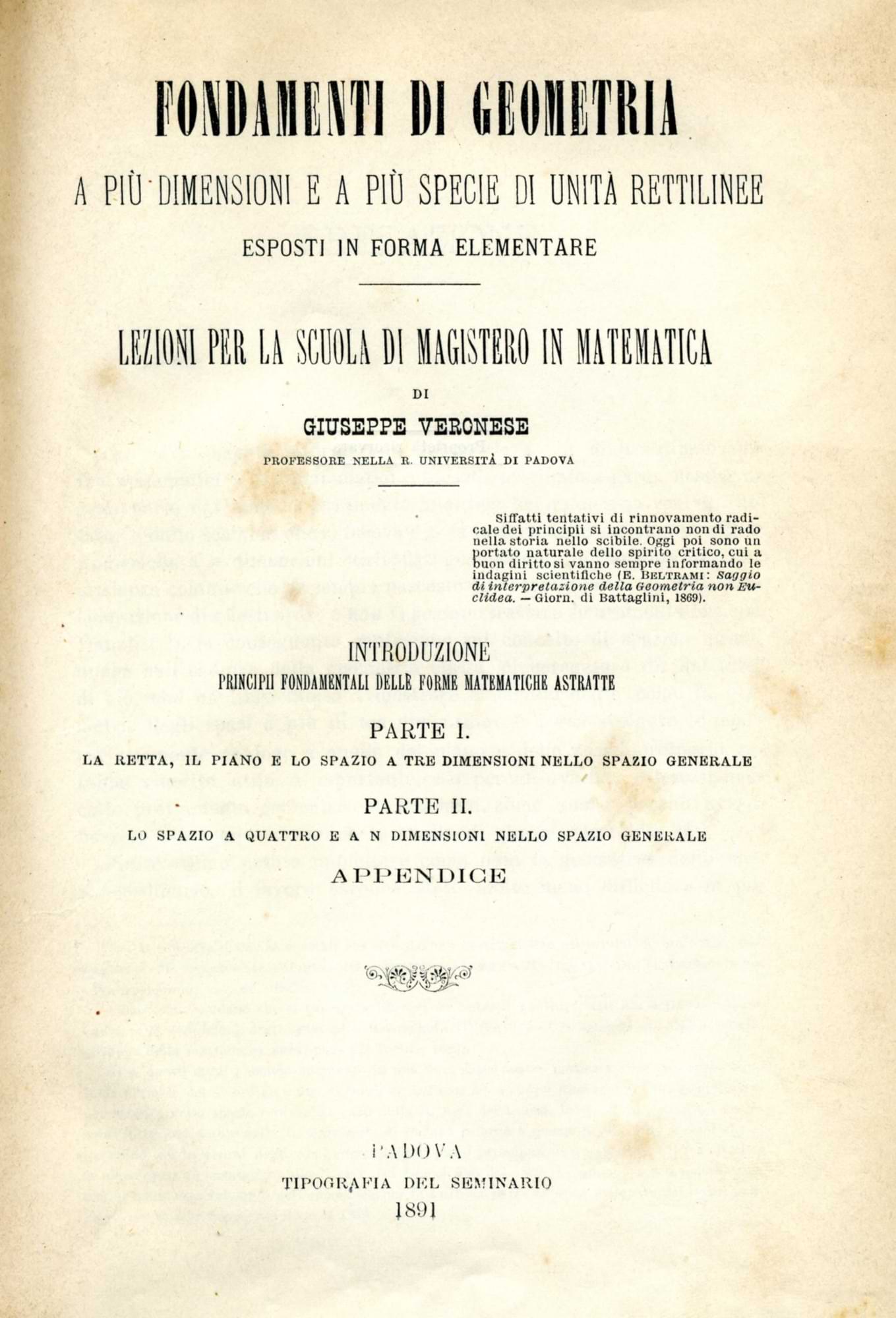 Fondamenti di geometria a più dimensioni e a più specie di unità rettilinee