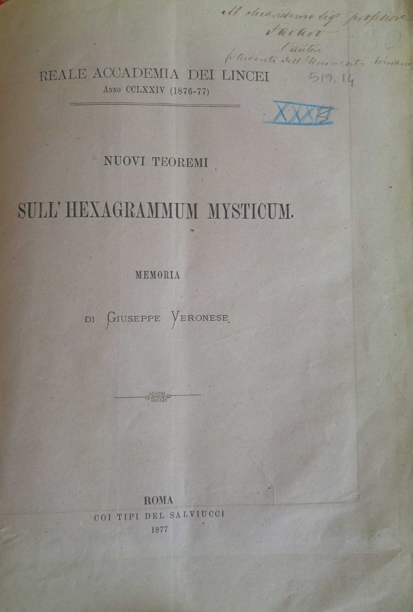 Nuovi teoremi sull'Hexagrammum mysticum con dedica