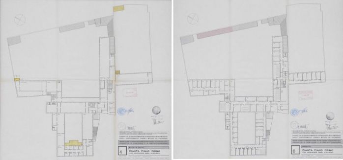 Progetto di rifunzionalizzazione del complesso di Santa Caterina, primo piano: stato di fatto (a sinistra) e progetto (a destra)