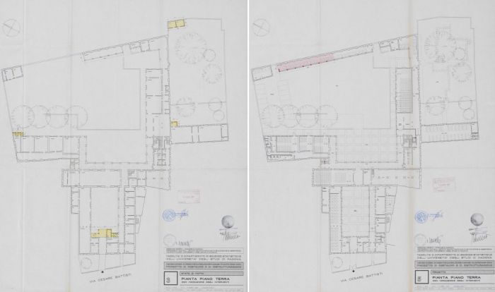 Progetto di rifunzionalizzazione del complesso di Santa Caterina, piano terra: stato di fatto (a sinistra) e progetto (a destra)