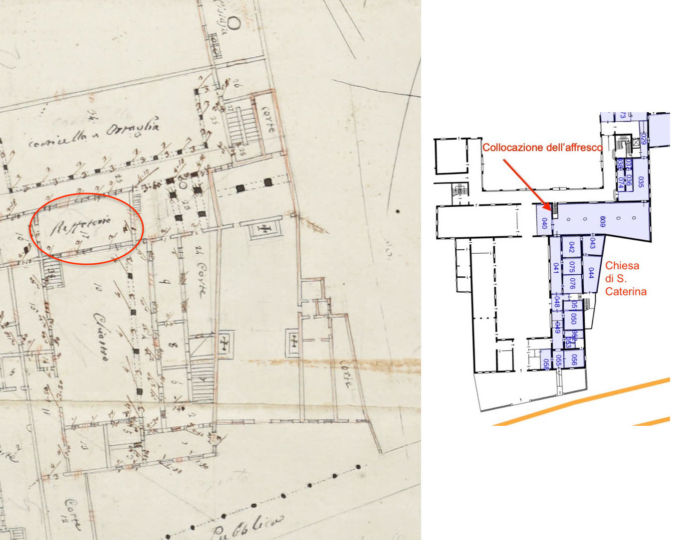 Plan of the rooms of Santa Caterina in a nineteenth-century survey (ASPd, Archivio Pivetta, b. 76, fasc. 1359) and today's equivalent