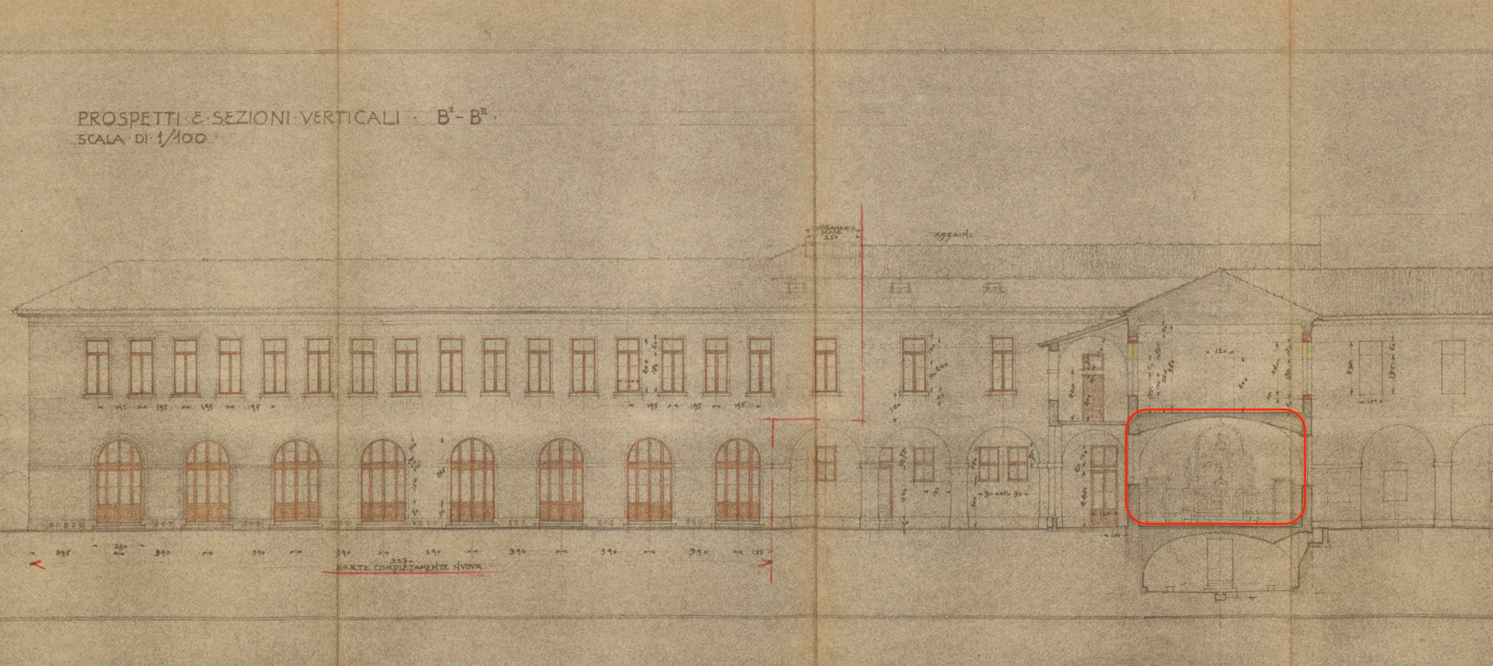Prospects and vertical sections in the project for the arrangement of the Pio Conservatorio di Santa Caterina of 1930