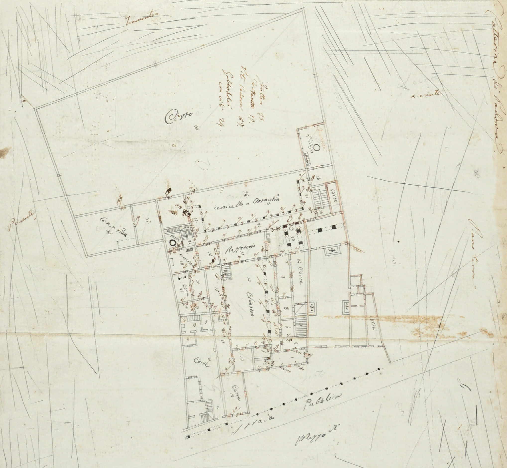 Planimetria del piano terra e del primo piano del complesso nel 1827, pianterreno