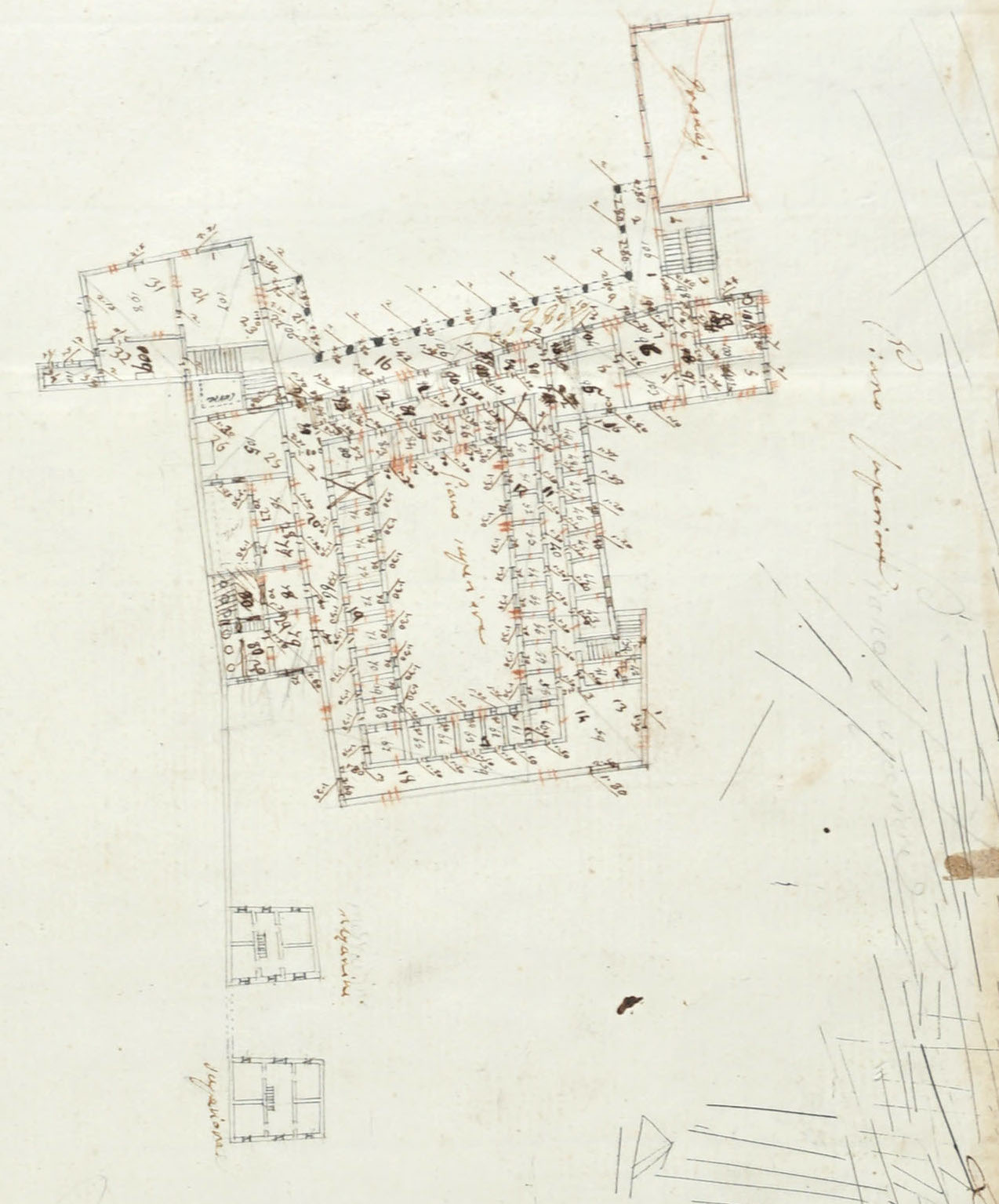 Planimetria del piano terra e del primo piano del complesso nel 1827, piano primo