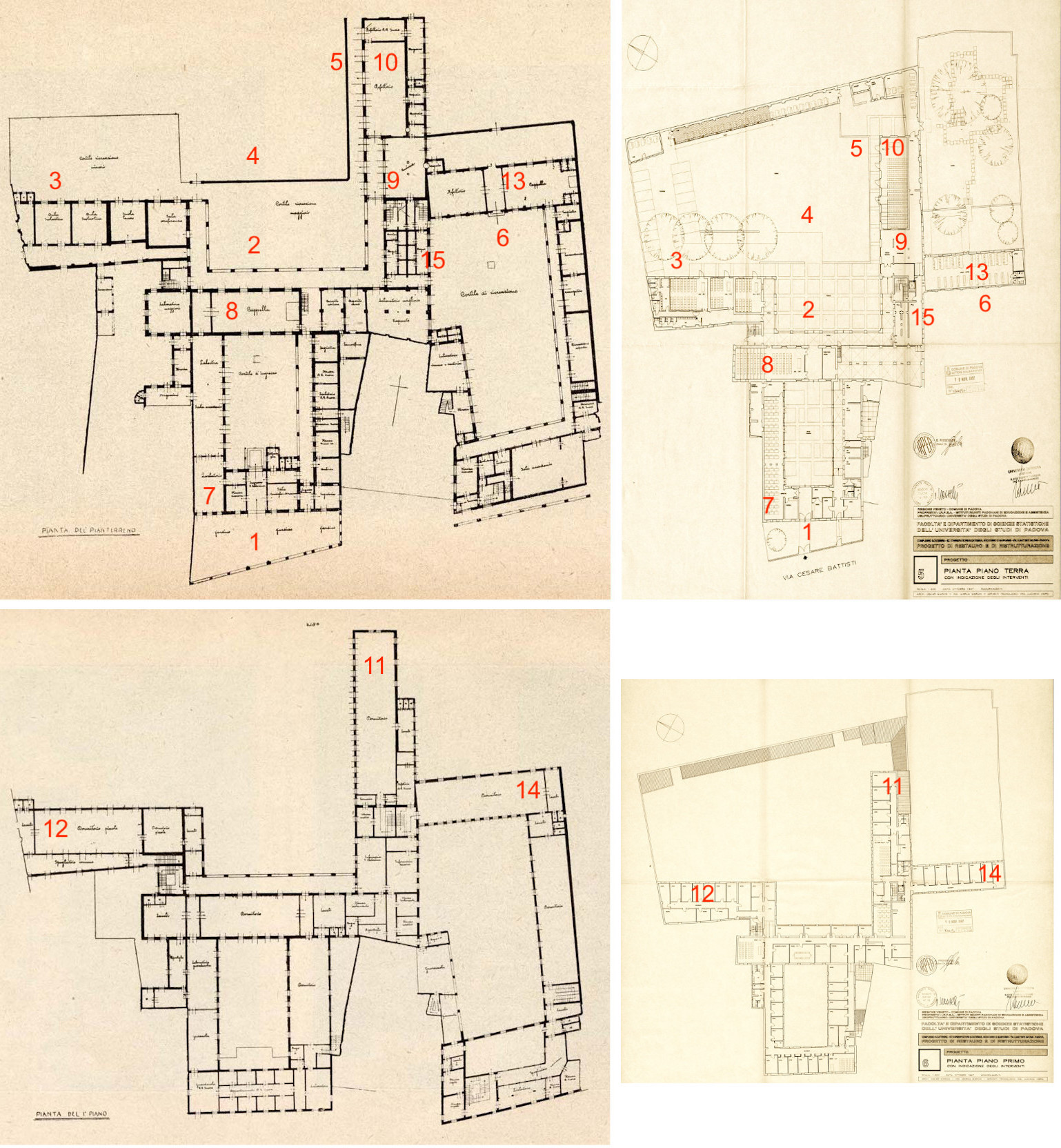 Planimetrie del complesso del 1930 e attuali