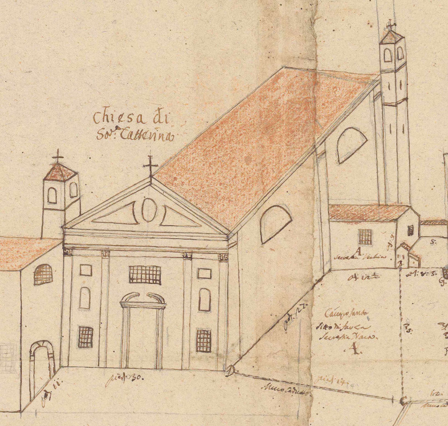 Prospetto della chiesa di Santa Caterina con i due campanili (ASPd, Notarile, b. 8476A/dis 111)