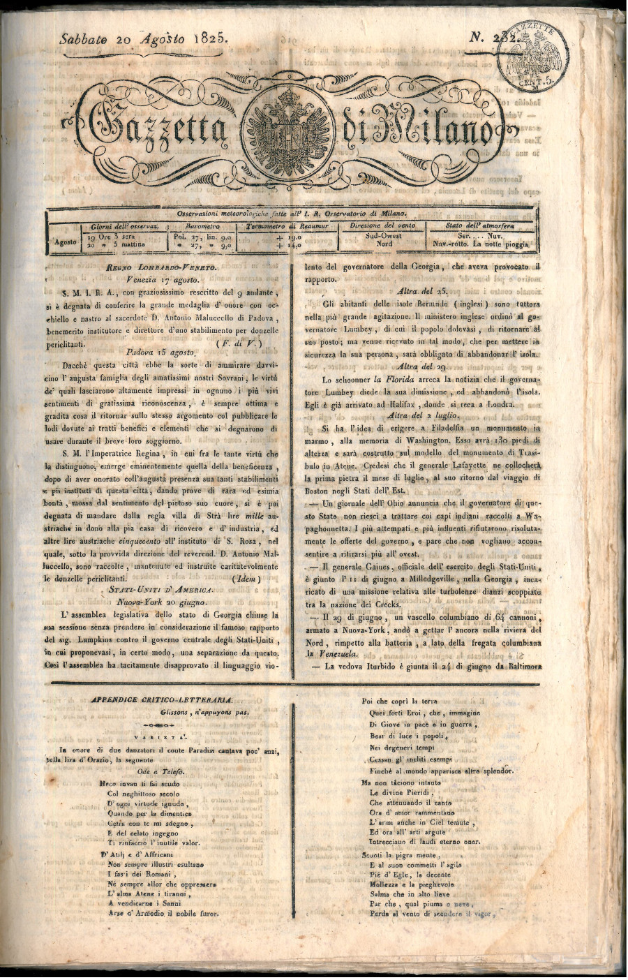 Gazzetta di Milano del 1825 con la notizia del conferimento della medaglia a Malucello
