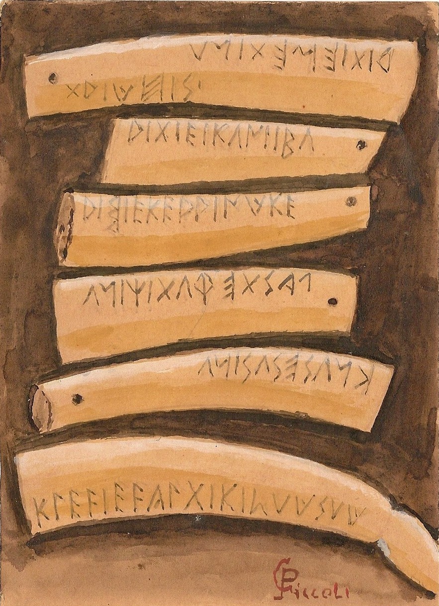 Corna di cervo iscritte rinvenute a Magrè nel 1912, ora custodite ad Este presso il Museo Nazionale Atestino (cartolina illustrata da G. Piccoli - Biblioteca Civica "Renato Bortoli" di Schio)