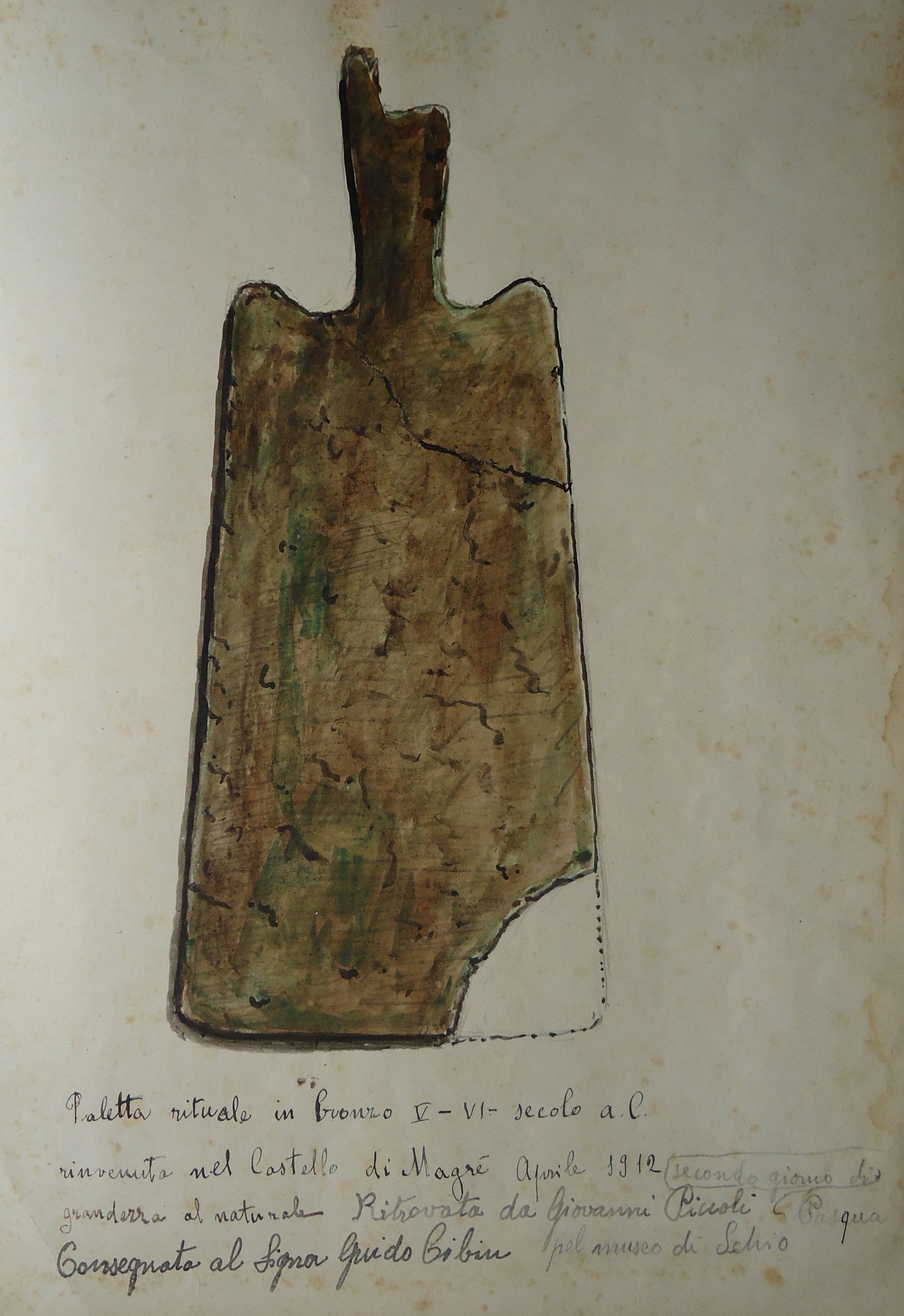 "Paletta rituale" in bronzo scoperta a Magrè nel 1912, inizialmente consegnata al Museo Civico di Schio e poi trasferita al Museo Civico di Vicenza (disegno di G. Piccoli - Archivio e Biblioteca del Duomo di Schio)
